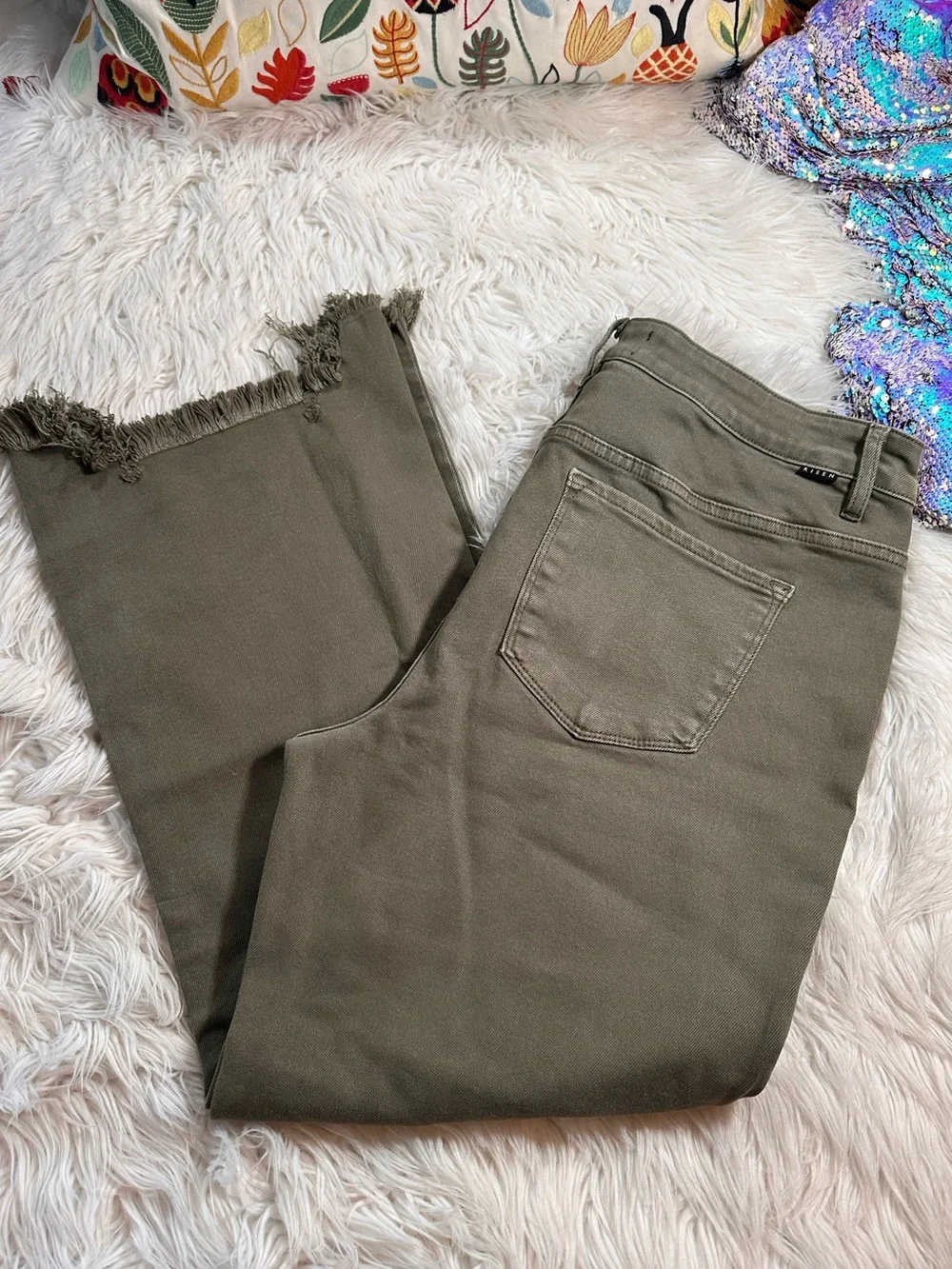 Risen • x Wild Oak Boutique Army Green Distressed Hem Jeans